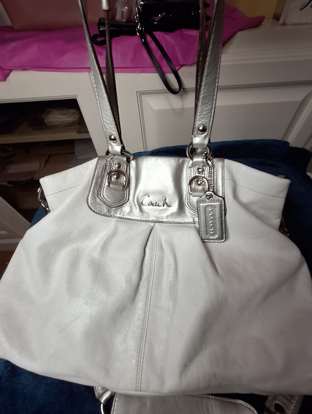 Coach Ashley White Silver Leather Carryall Satchel Shoulder Bag F15513📝 Desc